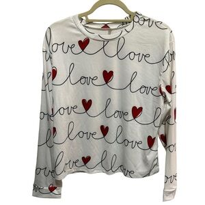 White - Long Sleeve T-shirt - Love Script and Red heart Graphic - Size M